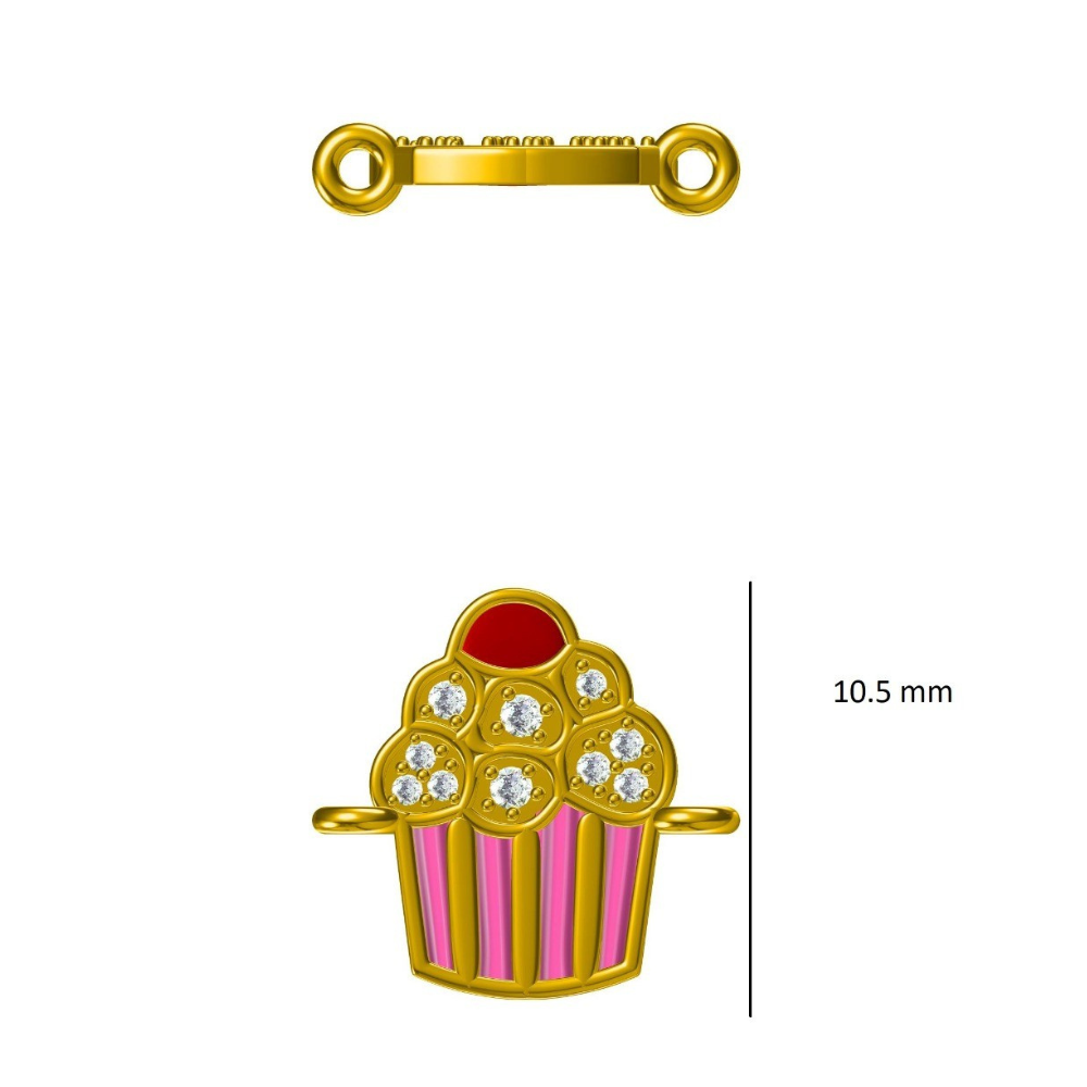 Angled view of cupcake bracelet — 14k gold kids nazariya with enamel charm and black beads