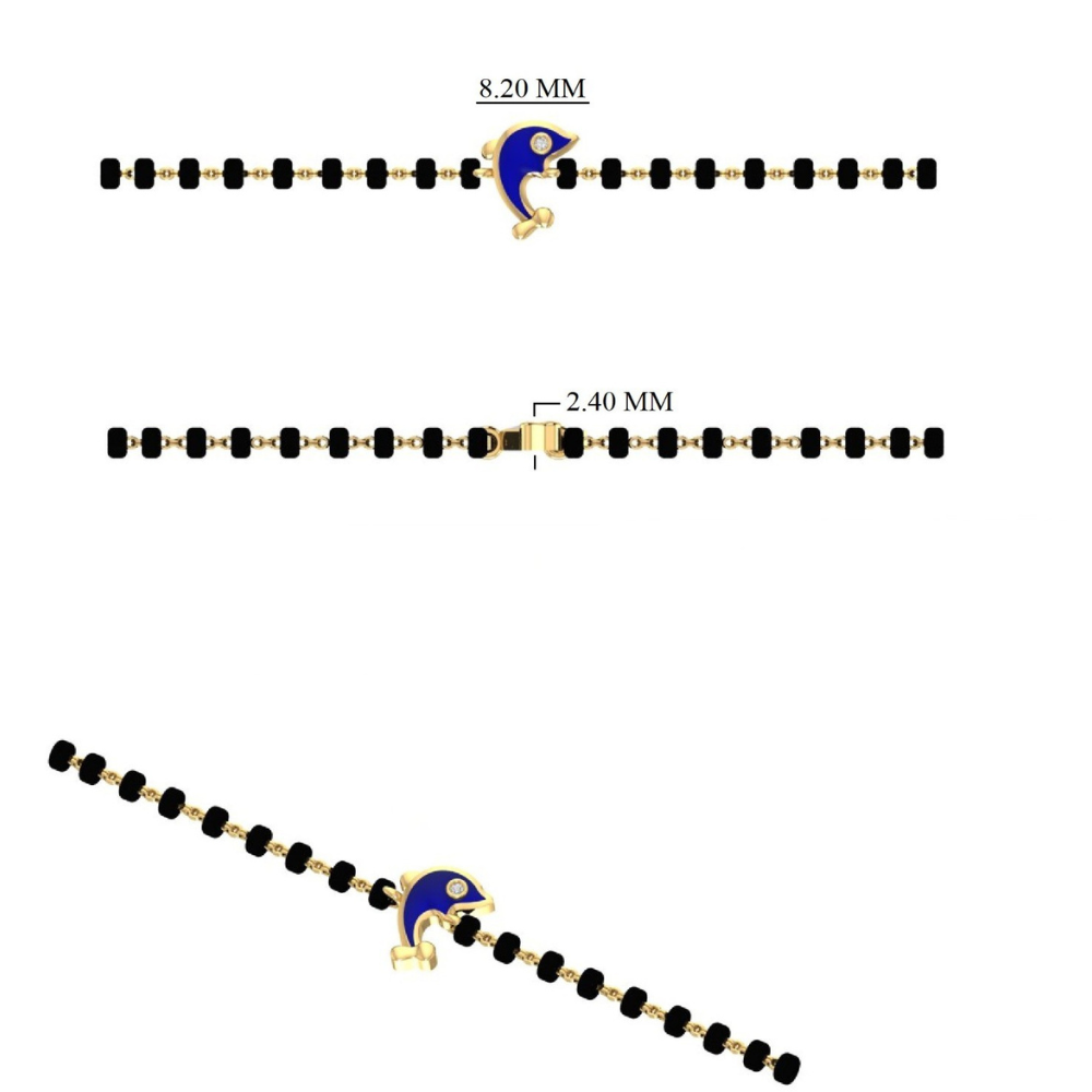 Side view of black bead chain — 14k gold dolphin kids nazariya diamond bracelet with clasp detail