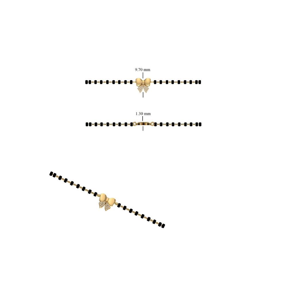 Side angle of bow detail — 14k gold bow kids nazariya with polished finish and black beads