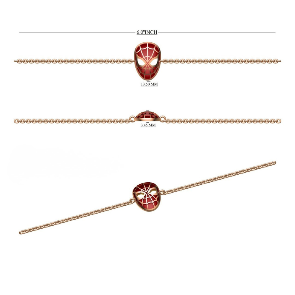 side view of 14k gold kids nazariya bracelet with red enamel web mask charm