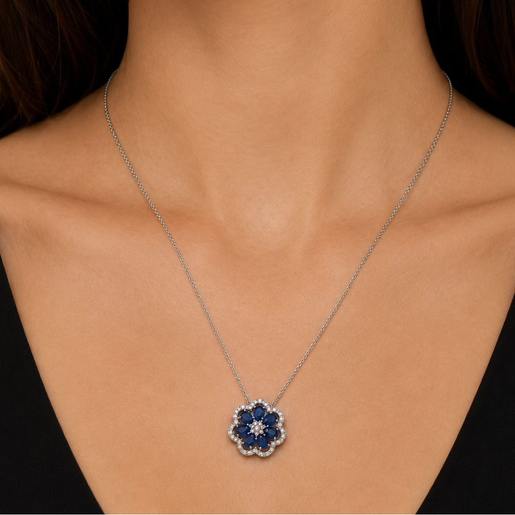 Sapphire Flower Pendant Necklace