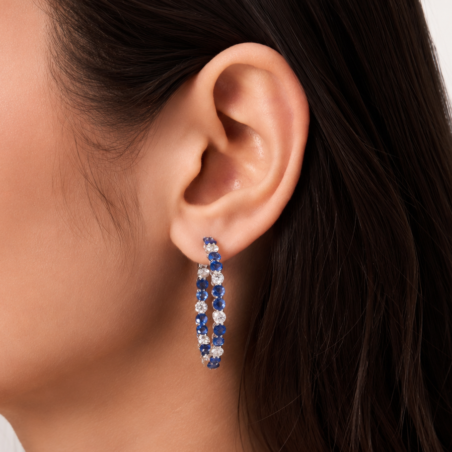 Natural Blue Sapphire Diamond Hoop Earrings