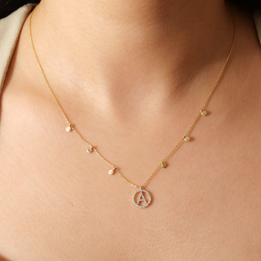 Diamond Initial Disc Necklace in 14K Gold — P01178 X P01179