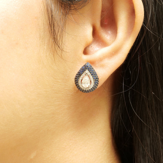 Pear Blue Sapphire Diamond Stud Earrings