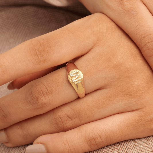 Textured Oval Initial Diamond Signet Ring - ILR4094