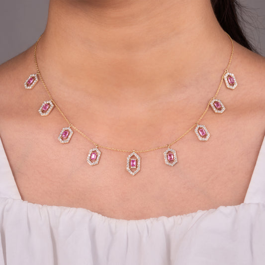 Hexagon Pink Sapphire Station Necklace — N5131