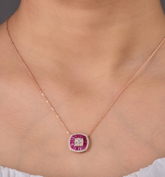 Ruby Baguette Diamond Double Halo Necklace