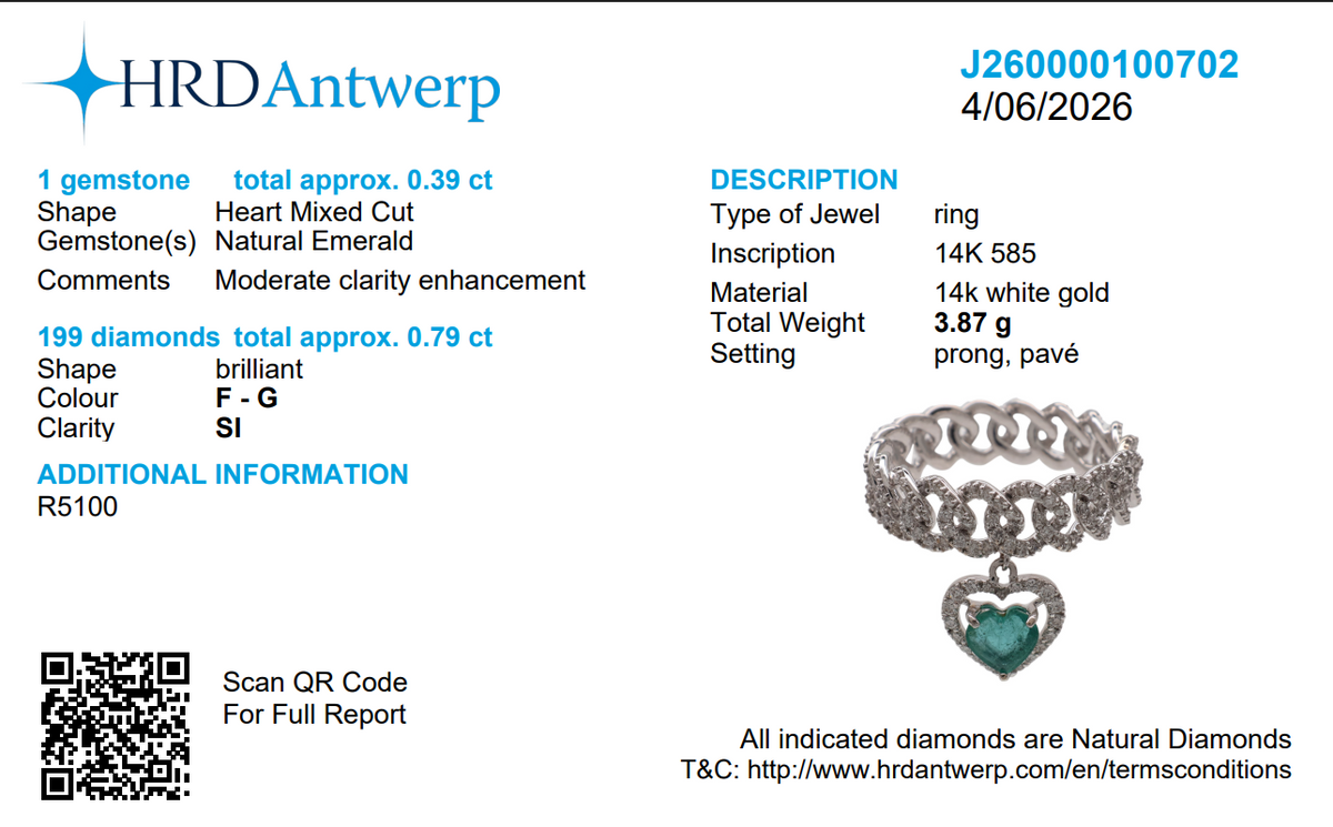 Cuban Link Diamond Ring with Emerald Heart Dangle