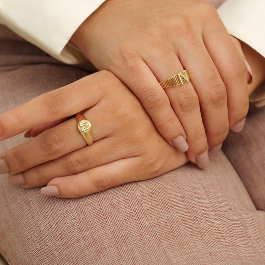 Textured Oval Initial Diamond Signet Ring