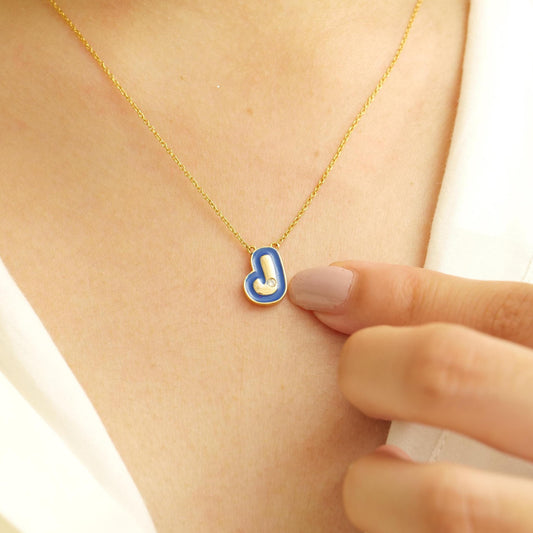 Blue Enamel Initial Diamond Necklace