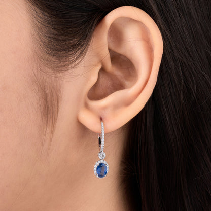 Blue Sapphire Diamond Halo Drop Earrings