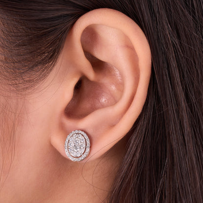 Oval Diamond Halo Cluster Stud Earrings