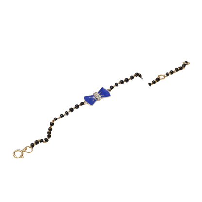 Blue bow kids nazariya bracelet — 14k gold diamond nazariya with black beads