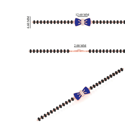 Side profile of blue bow nazariya — black bead 14k gold kids bracelet