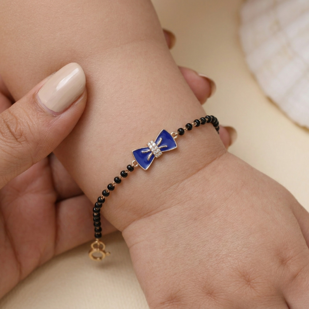 Child wearing blue bow kids nazariya — natural diamond gold bracelet