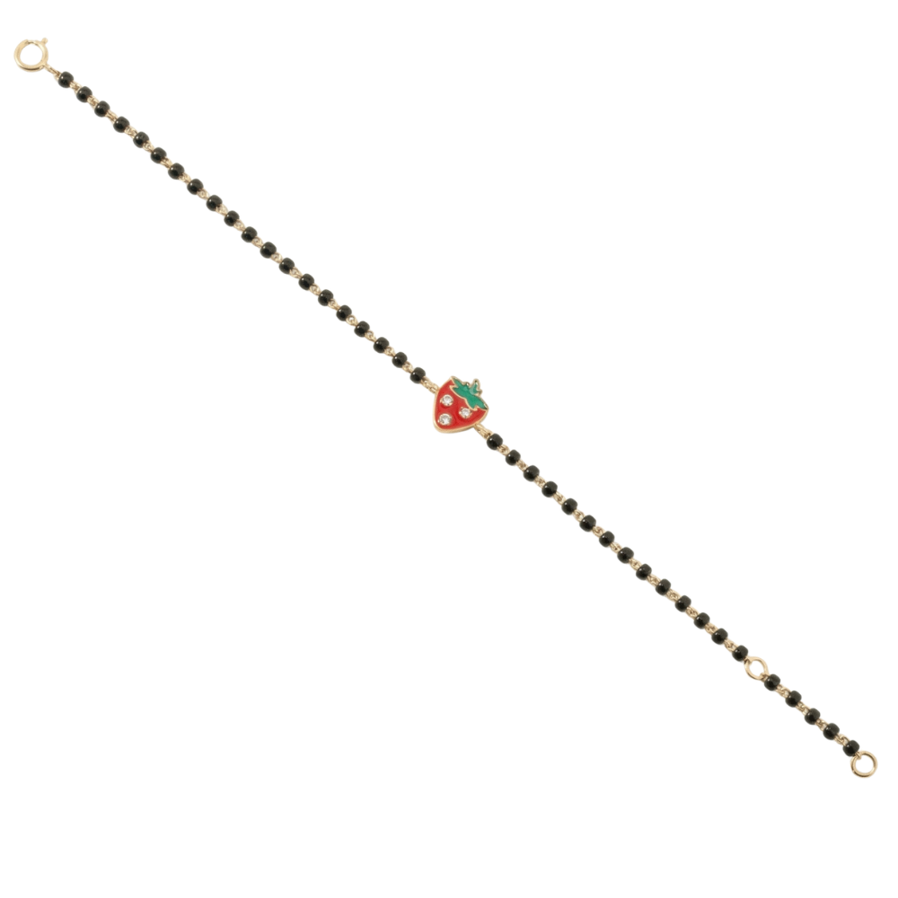Strawberry kids nazariya bracelet — 14k gold black bead bracelet with natural diamond strawberry charm