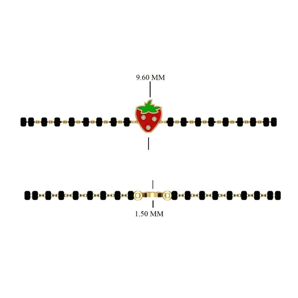 Side angle of strawberry kids nazariya — black bead 14k gold bracelet with enamel charm