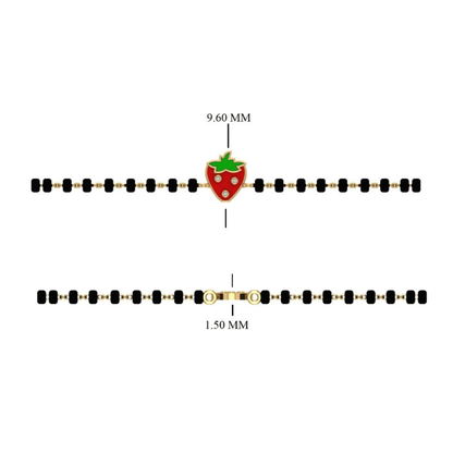 Side angle of strawberry kids nazariya — black bead 14k gold bracelet with enamel charm