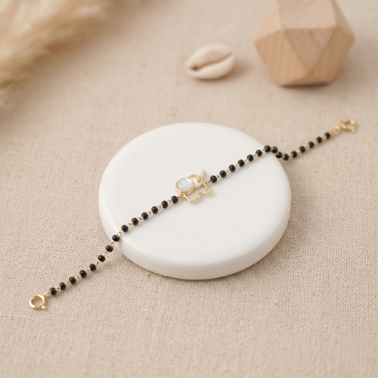 Mother of pearl turtle kids nazariya — 14k gold diamond bracelet with black beads