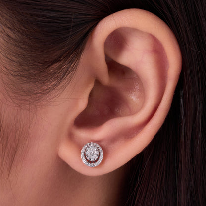 Oval Diamond Halo Cluster Stud Earrings