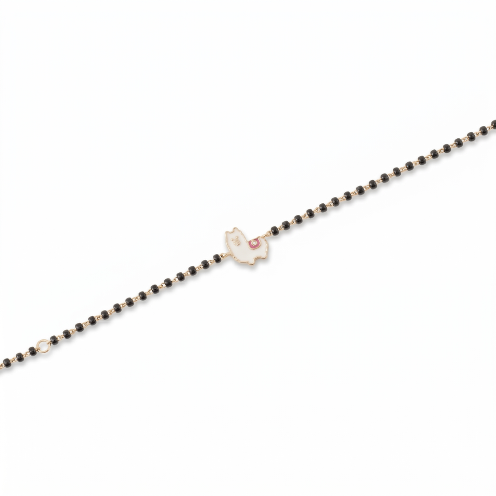 Front view of llama nazariya — 14k gold kids nazariya diamond bracelet with black beads
