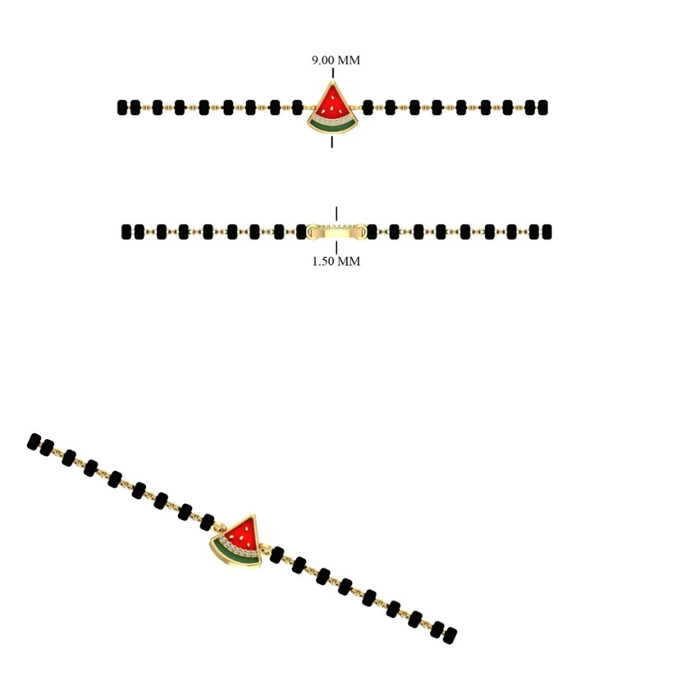 Side view of black bead chain — 14k gold kids nazariya bracelet with watermelon charm
