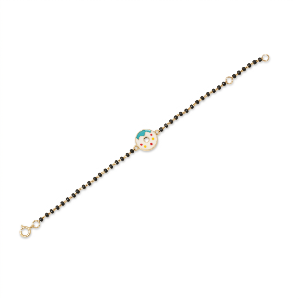 diagonal front view of donut charm kids nazariya — 14k gold diamond bracelet with black beads