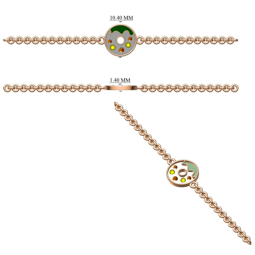 side angle of donut charm bracelet — 14k gold kids nazariya with enamel finish and black beads
