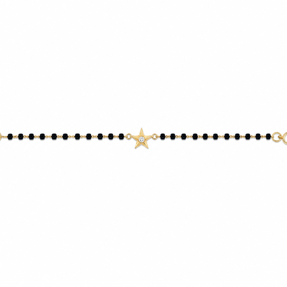 front view of black bead bracelet — 14k gold star kids nazariya with centre diamond