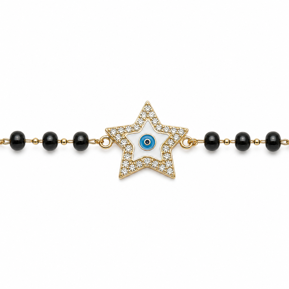 Front view of star kids nazariya — 14K yellow gold bracelet with natural diamonds and black beads