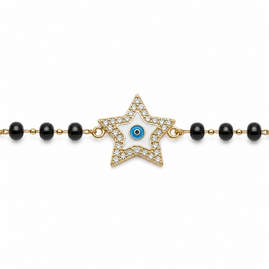 Front view of star kids nazariya — 14K yellow gold bracelet with natural diamonds and black beads