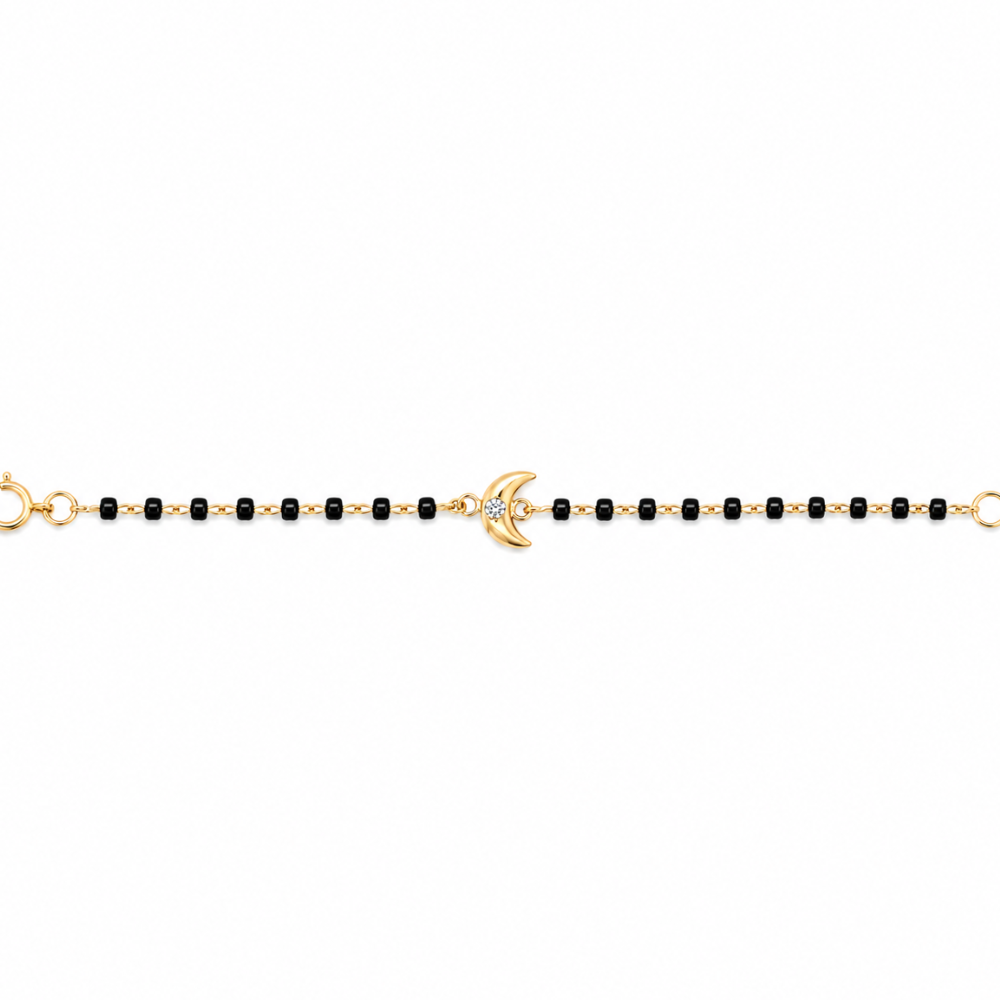 Crescent moon kids nazariya bracelet on white — 14k gold diamond bracelet with black beads