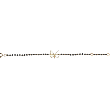 front hero shot of dragonfly charm on black beads — 14k gold kids nazariya with natural diamond detail