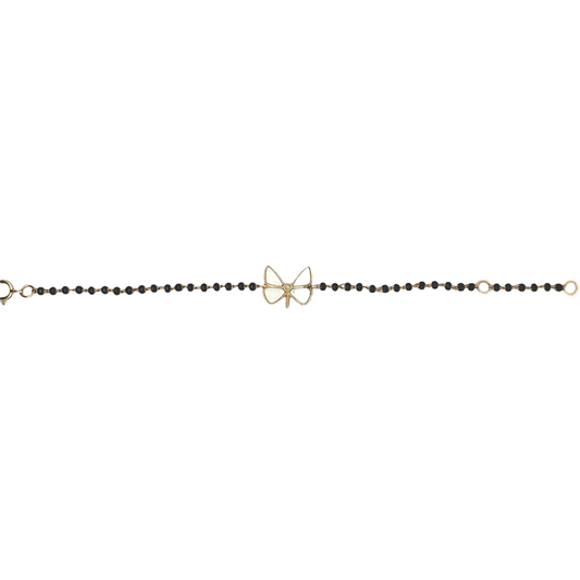 front hero shot of dragonfly charm on black beads — 14k gold kids nazariya with natural diamond detail