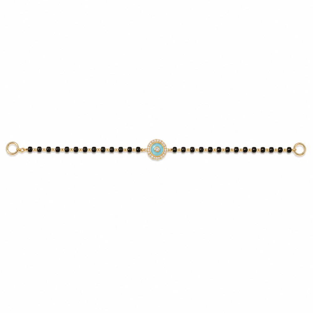 Front view of turquoise evil eye charm — 14k gold kids nazariya diamond halo detail