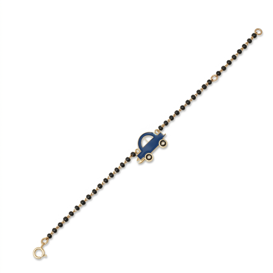 Blue car charm nazariya on white background — 14k gold kids nazariya with black beads