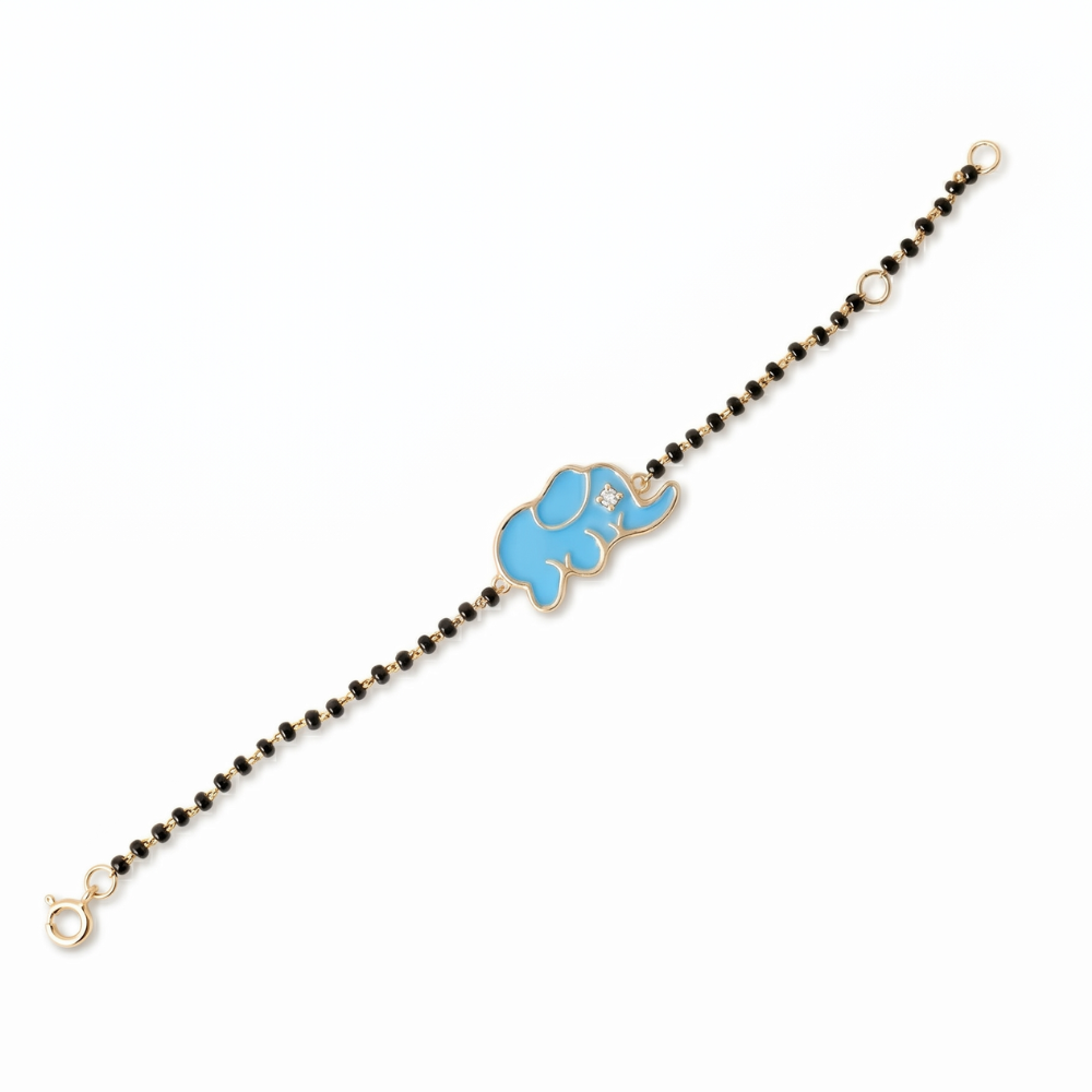 Front view of blue elephant nazariya — 14k gold kids nazariya diamond bracelet with black beads