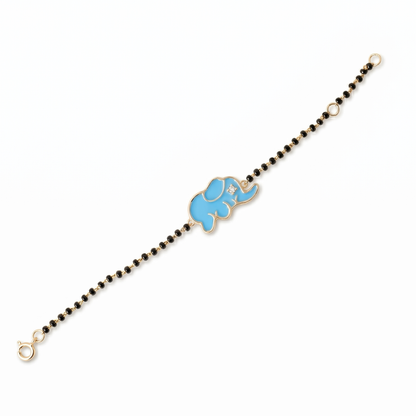 Front view of blue elephant nazariya — 14k gold kids nazariya diamond bracelet with black beads