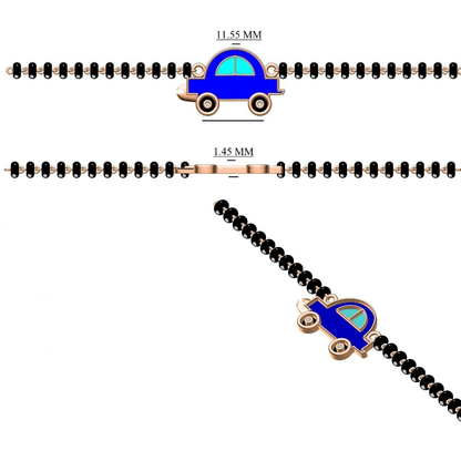 Angled view of car charm bracelet — 14k gold kids nazariya with blue enamel and diamonds