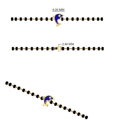 Side view of black bead chain — 14k gold dolphin kids nazariya diamond bracelet with clasp detail