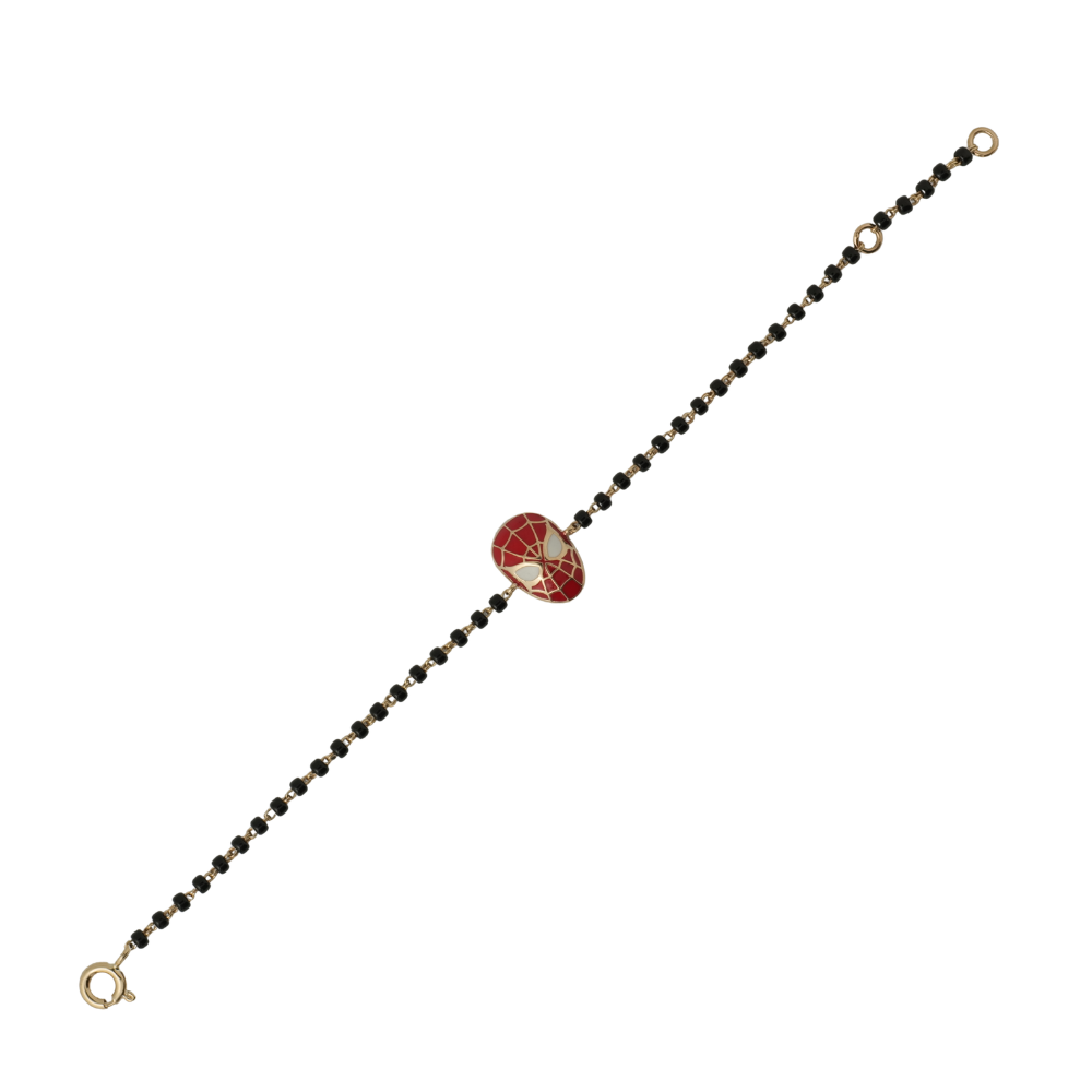 red enamel web mask charm on 14k gold kids nazariya bracelet with black beads