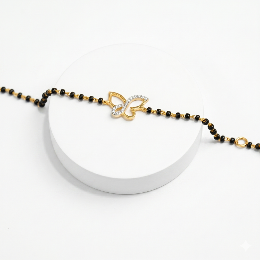 Butterfly charm on black bead chain — 14k gold kids nazariya diamond bracelet front view