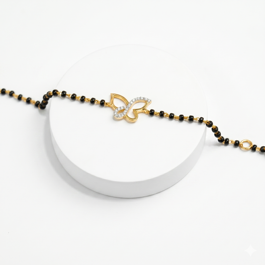 Butterfly charm on black bead chain — 14k gold kids nazariya diamond bracelet front view