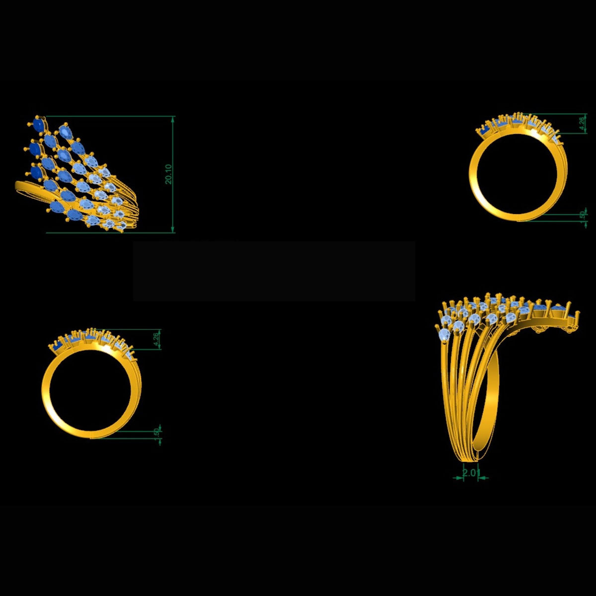 Anello a onda con grappolo di diamanti naturali a pera