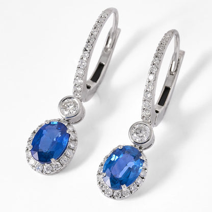 Blue Sapphire Diamond Halo Drop Earrings