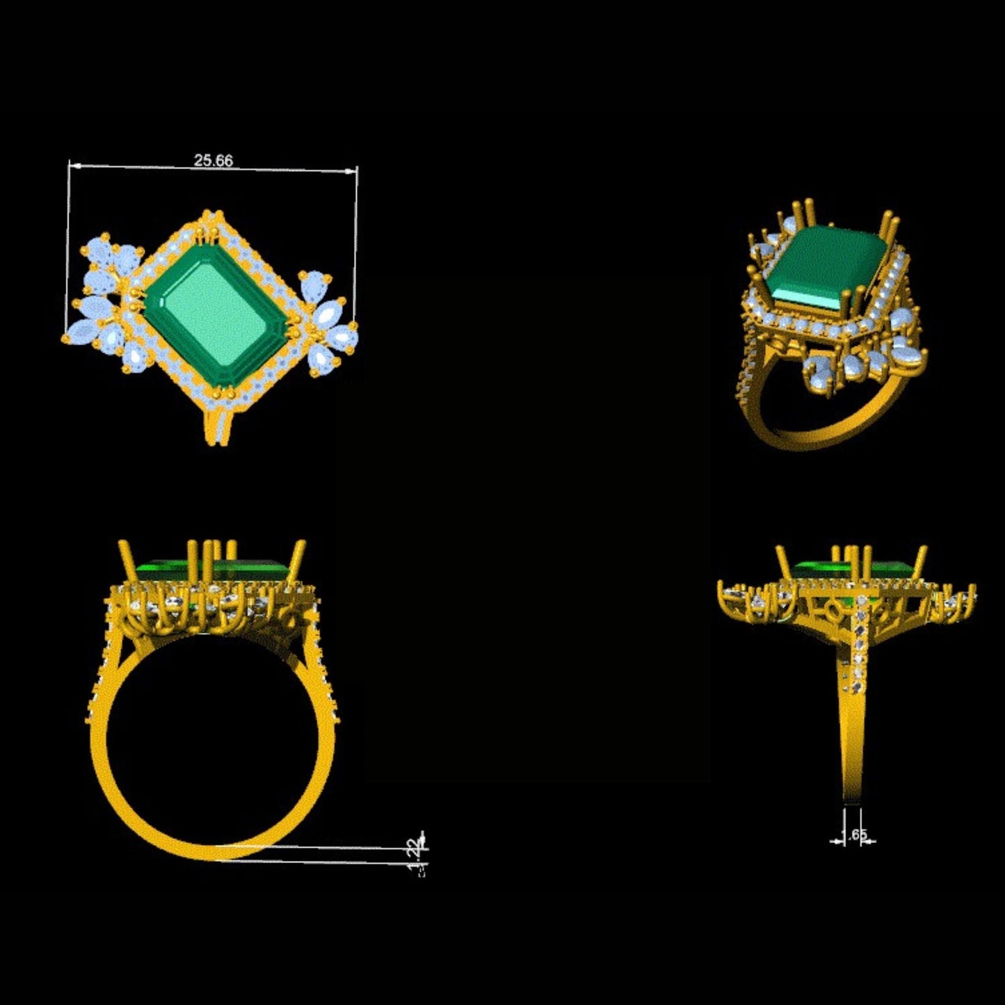 Cushion Emerald Diamond Cluster Cocktail Ring