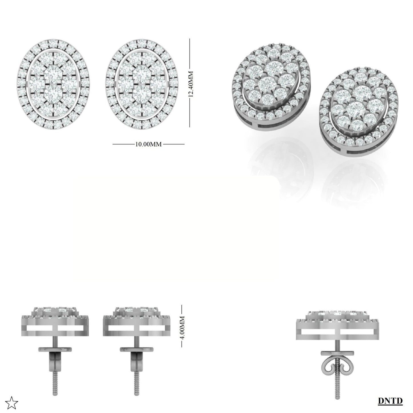 Oval Diamond Halo Cluster Stud Earrings