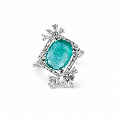 Anello con Smeraldo Naturale Taglio Cuscino e Contorno di Diamanti
