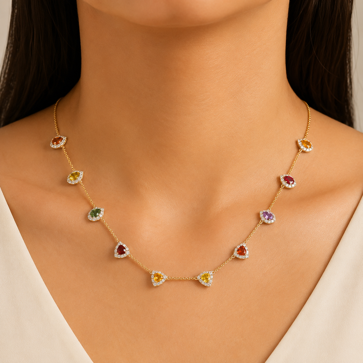 Rainbow Sapphire Diamond Station Necklace