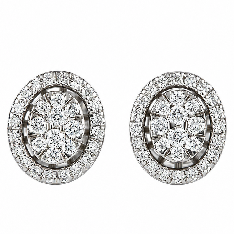 Oval Diamond Halo Cluster Stud Earrings